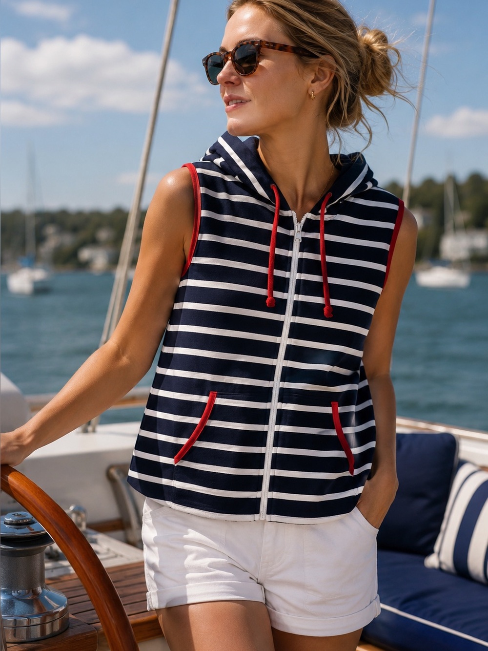 Christopher & Banks Navy and White Striped Hoodie Vest with Red Trim - NWOT